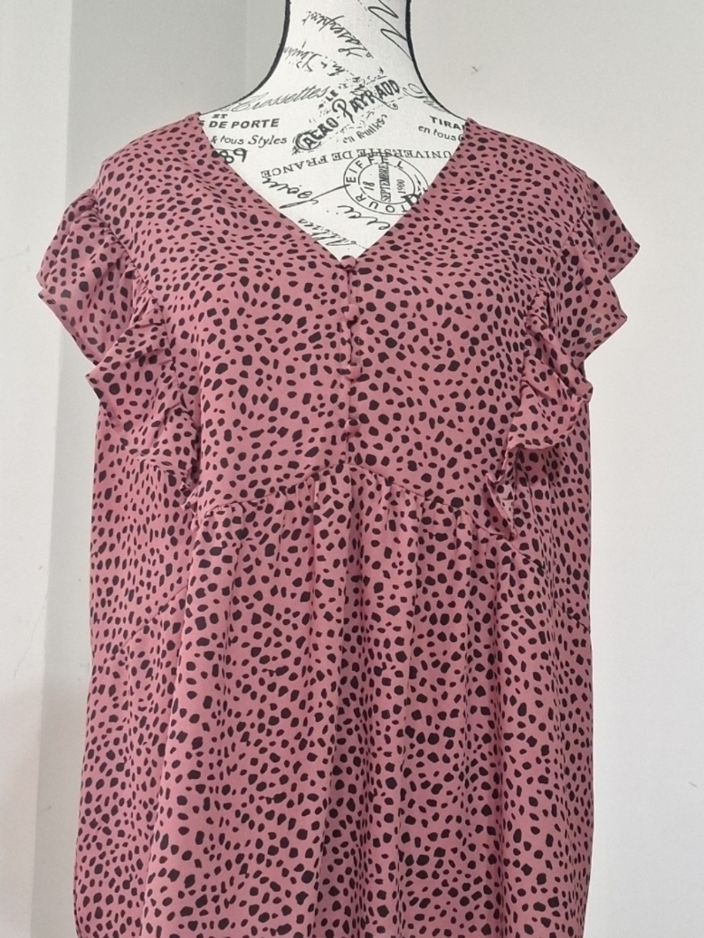 LOFT Pink and Black Dotted V-Neck Ruffle Blouse